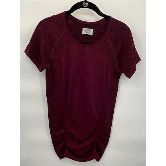Athleta Burgundy Medium Women's Floral Mesh Short Sleeve Top Activewear - Picture 2 of 7